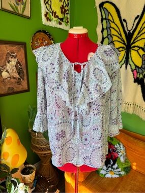 Light Blue Floral Ruffle Tie-Neck Blouse